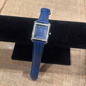 Genevex Women’s Watch Silver Tone Pave Bezel Blue Leather Band